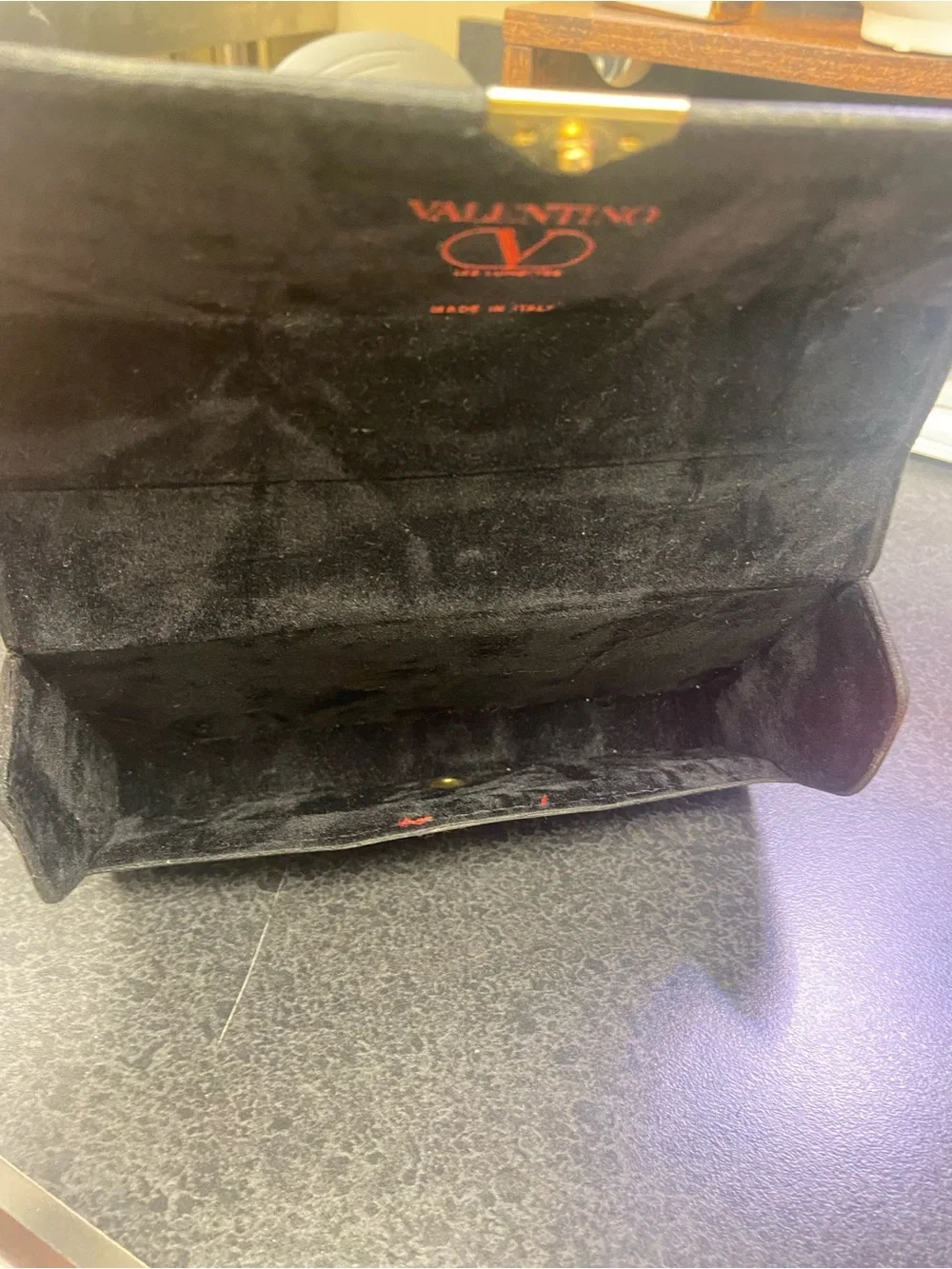 Valentino Black Leather Sunglasses Case with Red Stitching and Gold Snap